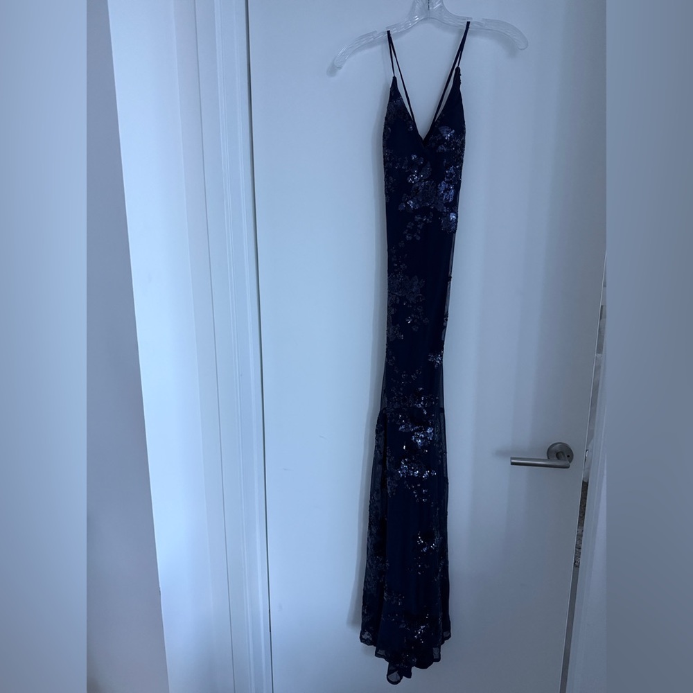 Lulu's Midnight Blue Sequined Lace Up Dress